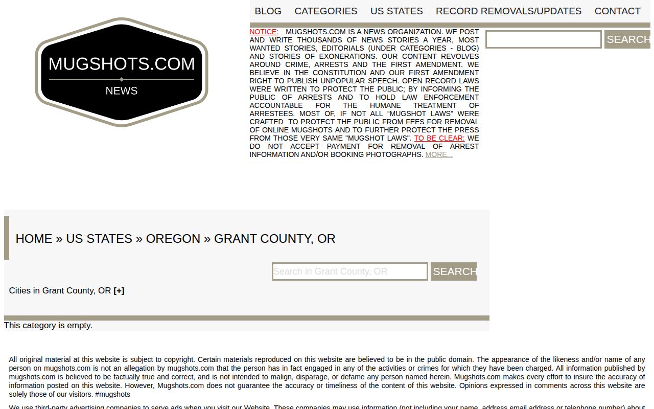 Grant County mugshot landscape shown on a caveated third-party county page
