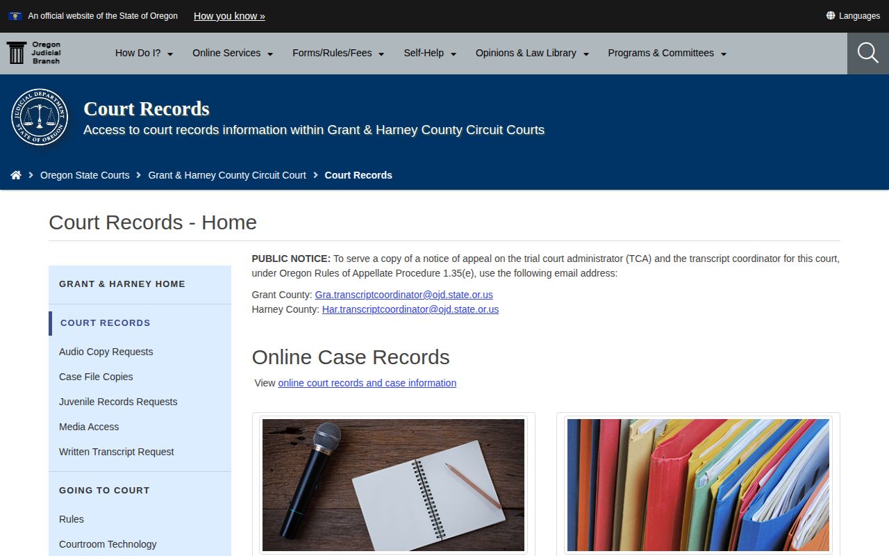 Oregon Judicial Department Grant and Harney Court Records page for court records after a booking