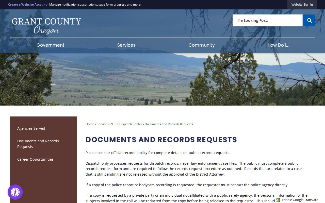 Grant County booking record request routing on the official dispatch page