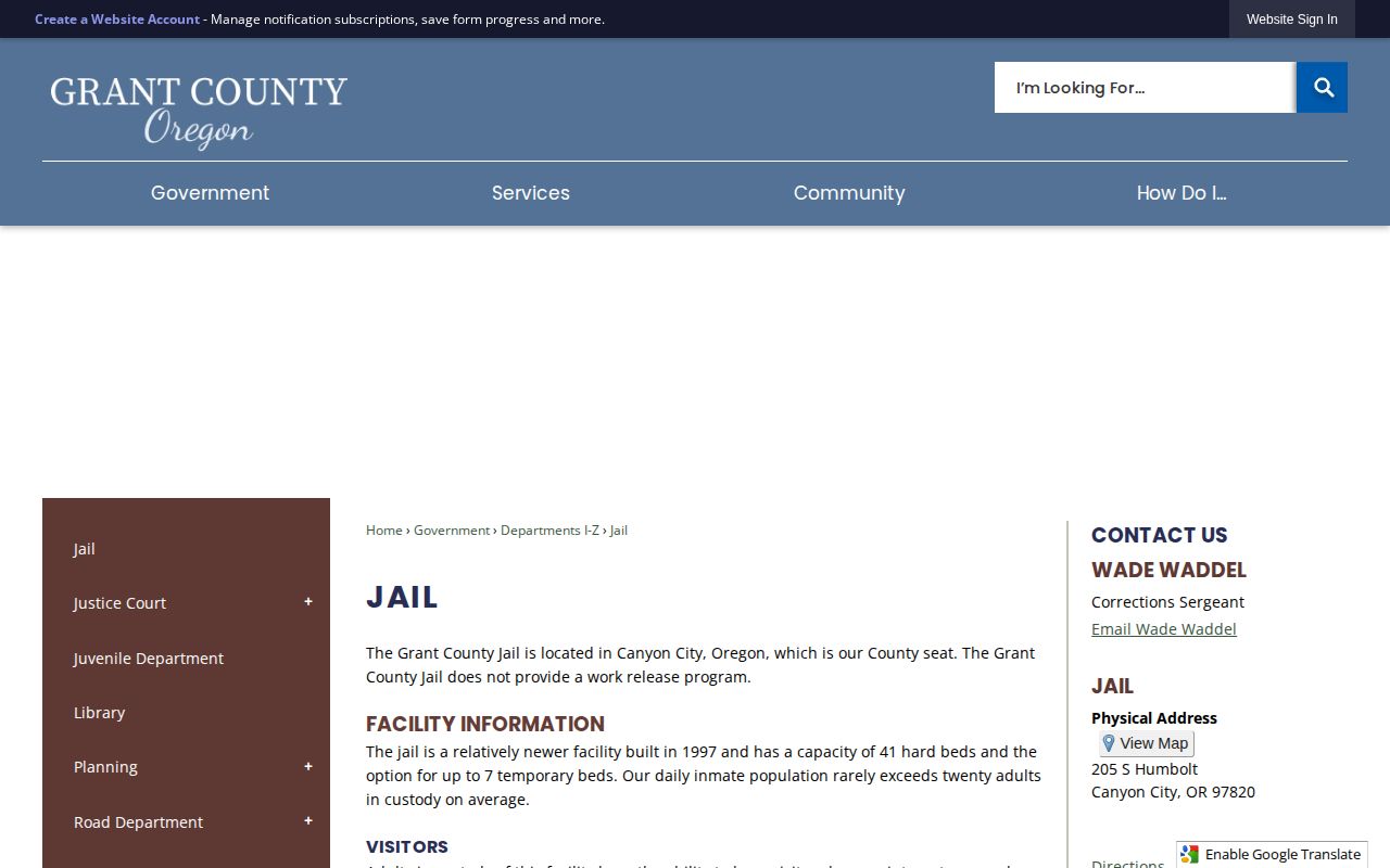 Grant County Jail page showing no public roster interface for booking records