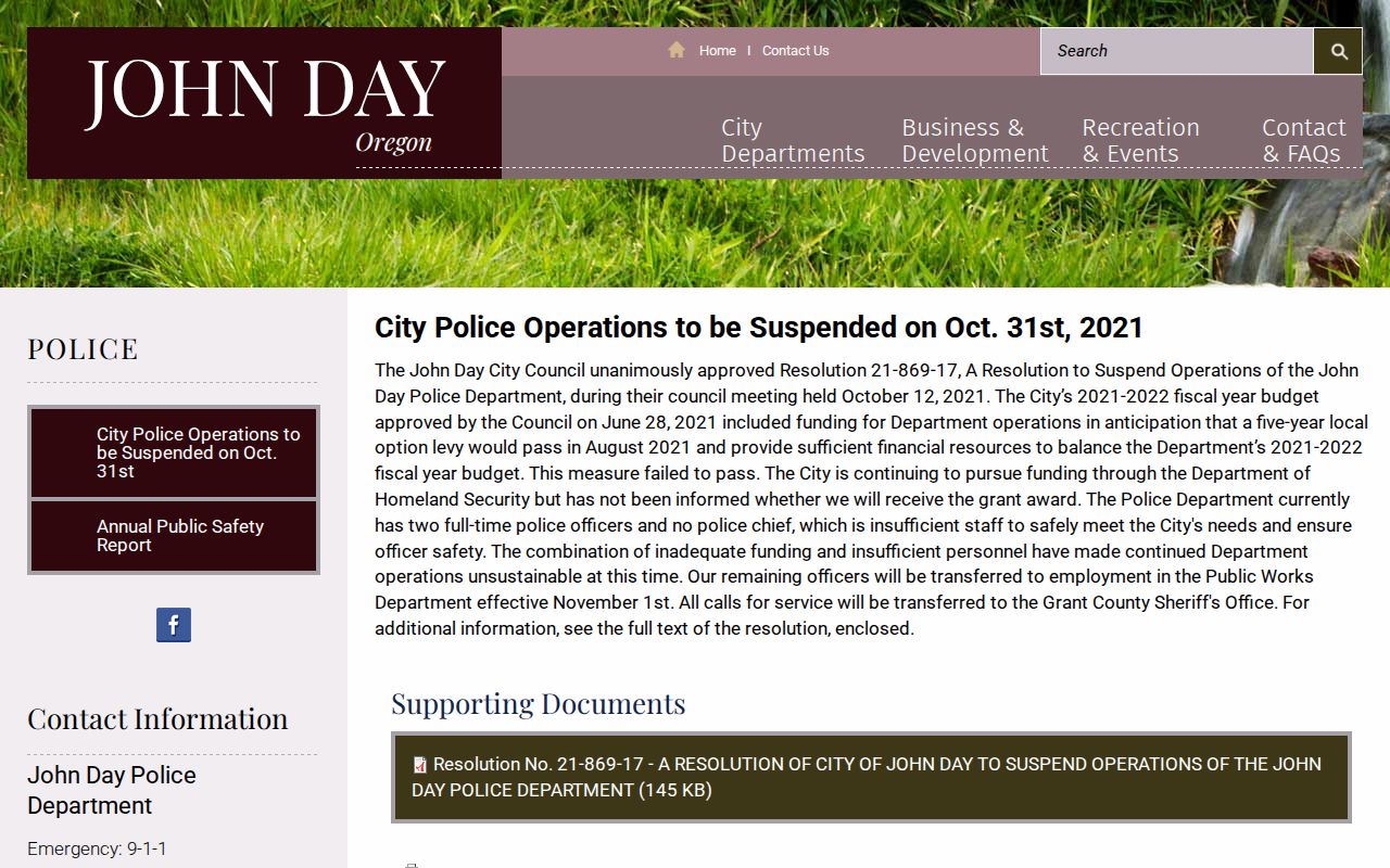 John Day, Grant County police-operations notice explaining booking record routing