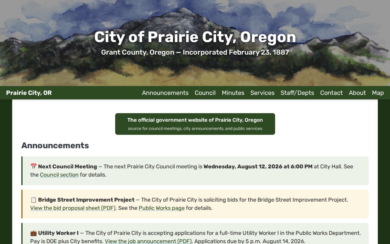 Prairie City official website statement about Grant County Sheriff law-enforcement service